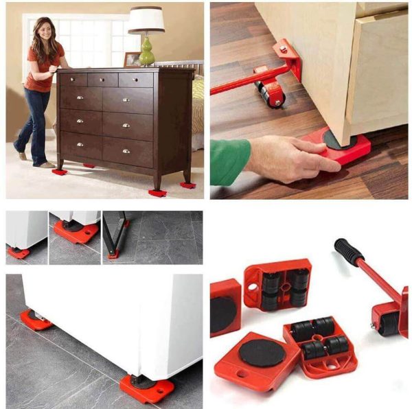 (5 In 1) Heavy Furniture Move Tool Transport Lifter Shifter Moving Kit Slider Remover Rolling Wheel Corner Mover Set.